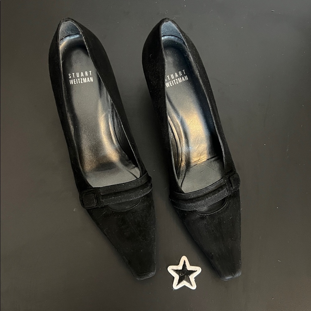 Stuart Weitzman Black Suede Square-Toe Pumps with Elegant Strap Detail, Size 8.5
